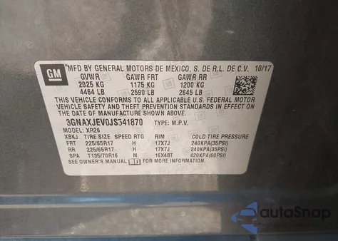 2018 Chevrolet Equinox Lt из США, поврежденный, VIN 3GNAXJEV0JS541870